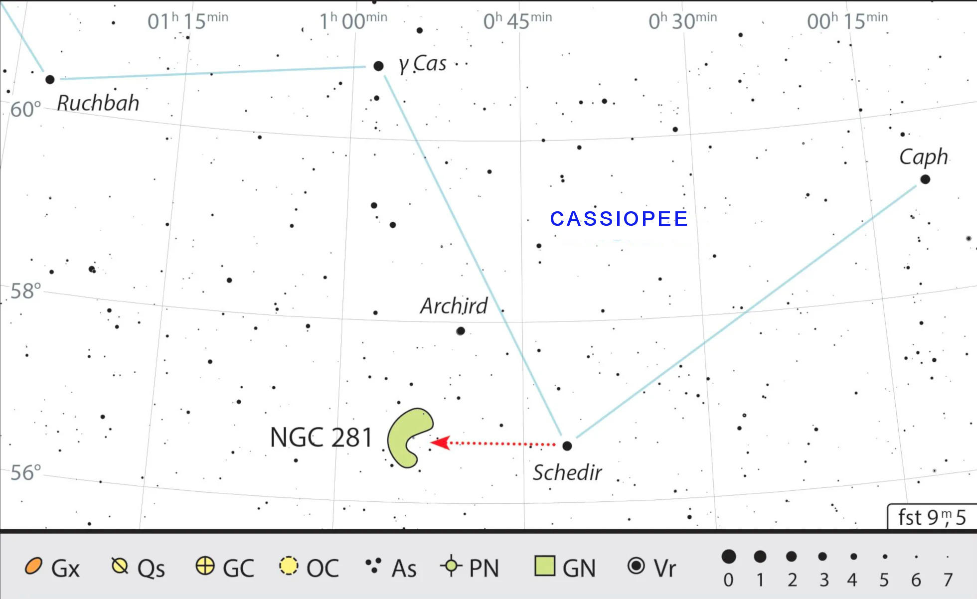 La nébuleuse de Pacman se trouve tout près de α Cas (Schedir), l’étoile principale de Cassiopée. J. Scholten